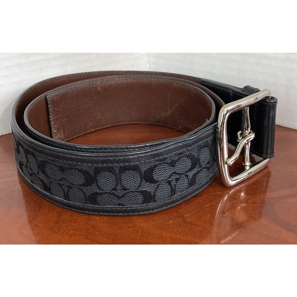 Coach Accessories - Coach Grey Canvas Jacquard Monogram Belt Black leather & Brass Buckle Women S